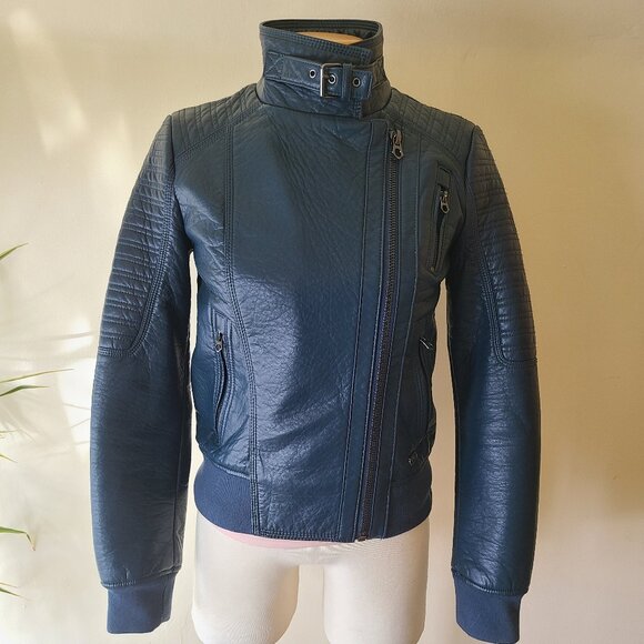 Guess Vegan Leather Blue Moto Jacket - Picture 3 of 13